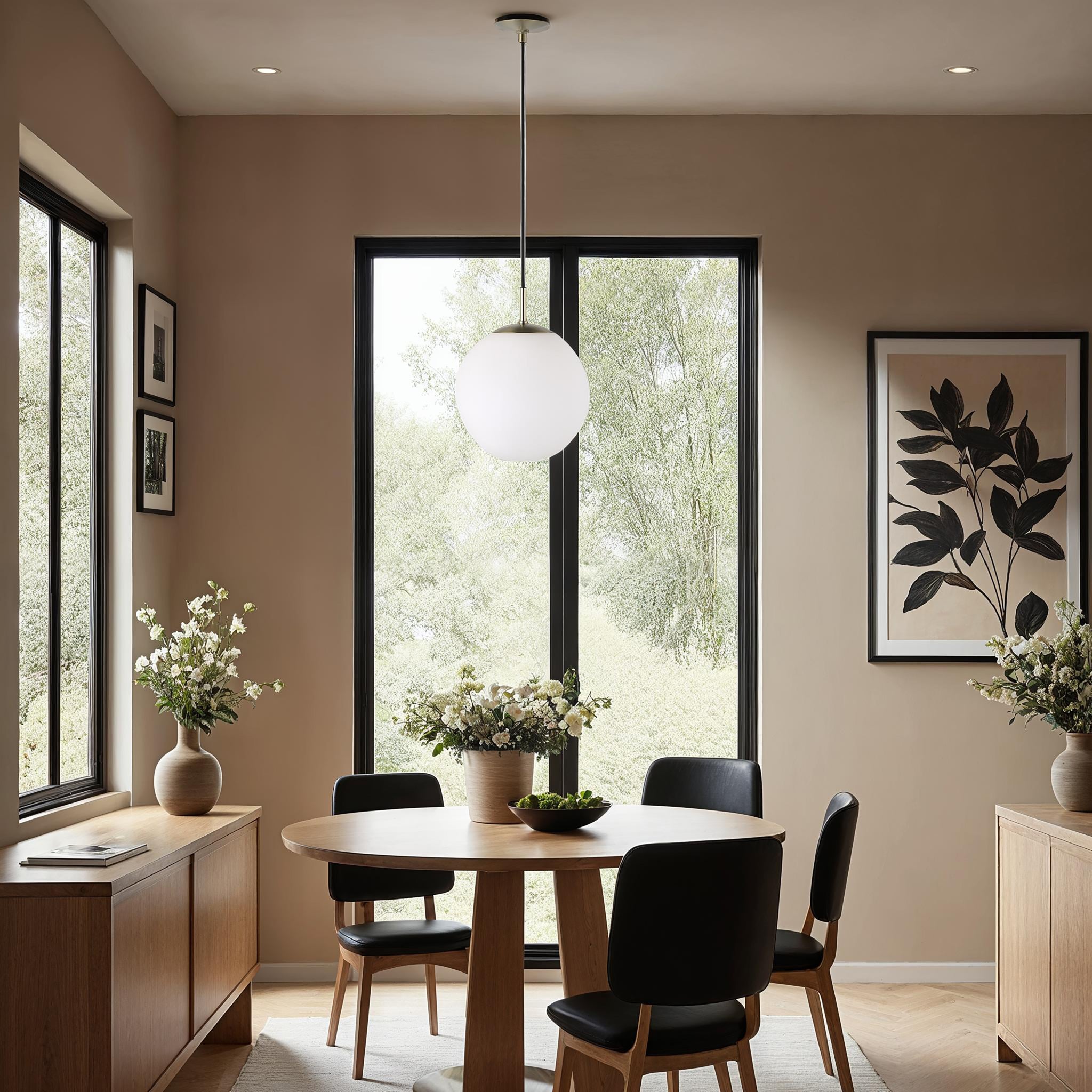 Koa ceiling fixture in a dining room setting, illuminating a round wooden table with black chairs and plants.