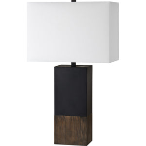Broma Table Lamp featuring a black and wood design, with a white rectangular shade on top.