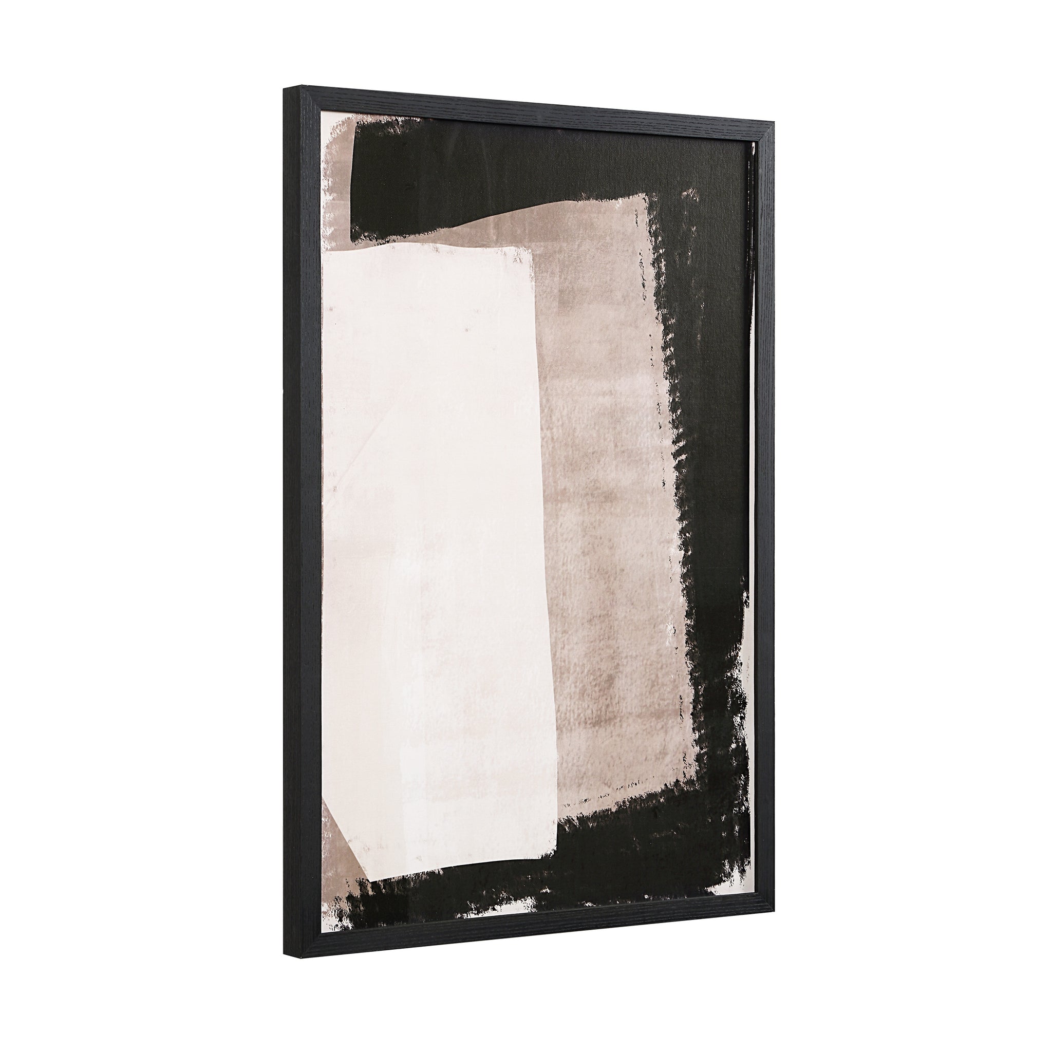 Watson wall decor displaying an angled view of abstract black and beige art in a black frame