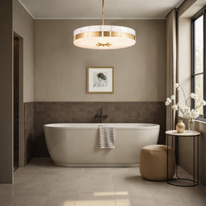 Stylish bathroom featuring Penelope printed art above a modern bathtub with elegant decor.
