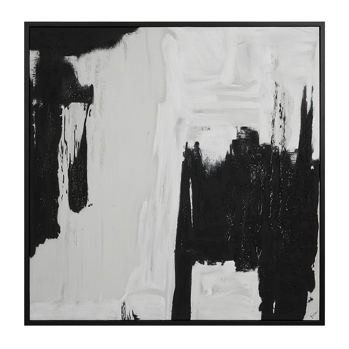 Nantes Canvas Art in black and white abstract design, framed in black.