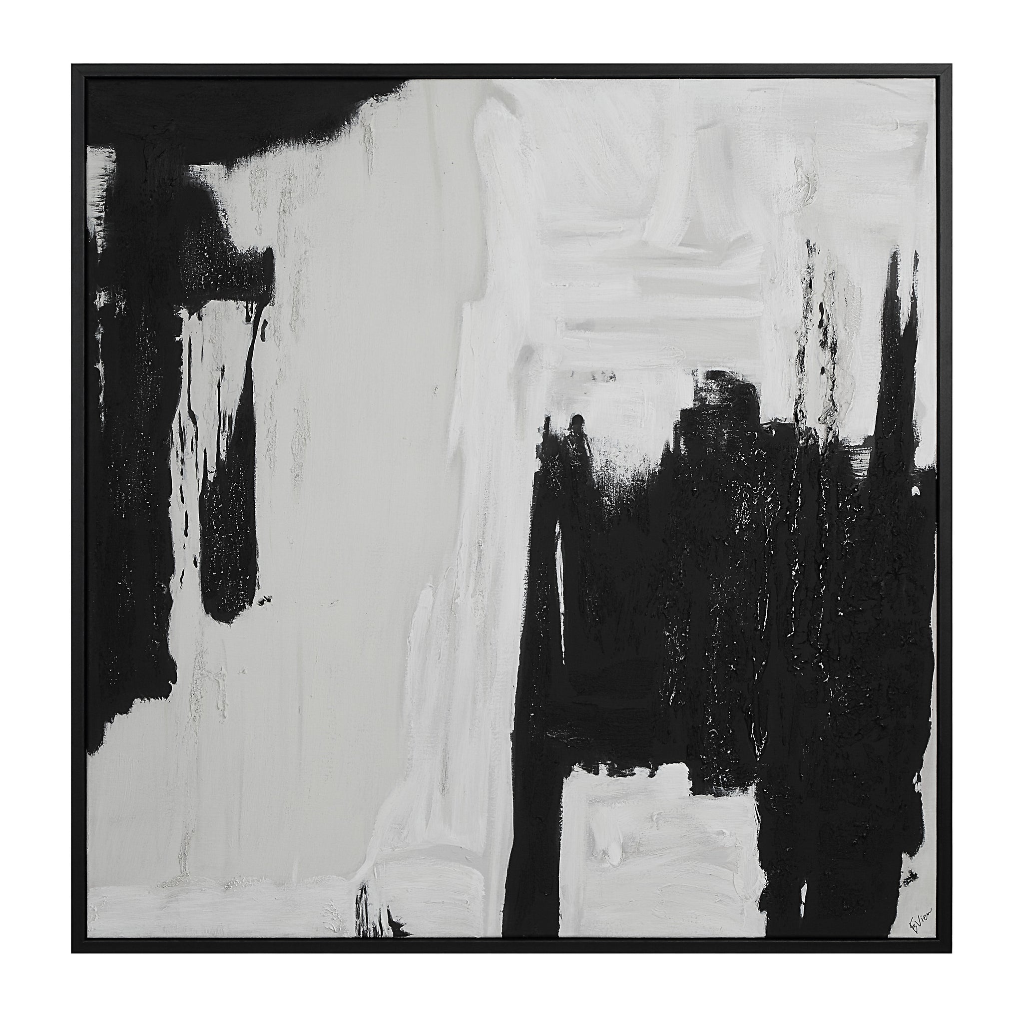 Nantes Canvas Art in black and white abstract design, framed in black.