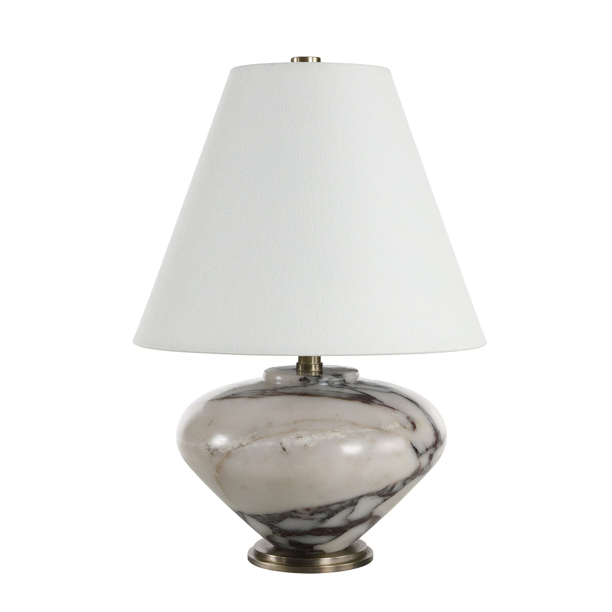 Monumento Table Lamp with a white fabric shade and a marble base featuring gray veining.