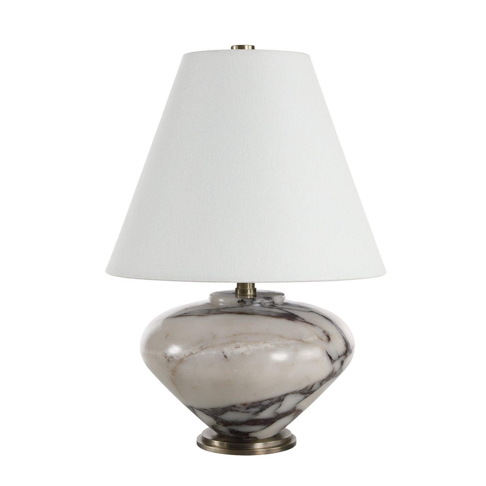 Monumento Table Lamp with a white fabric shade and a marble base featuring gray veining.