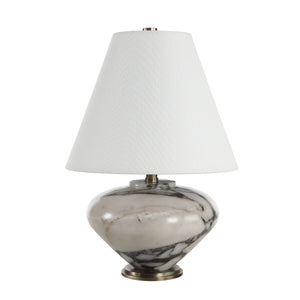 Monumento Table Lamp with a white fabric shade and a marble base featuring gray veining.