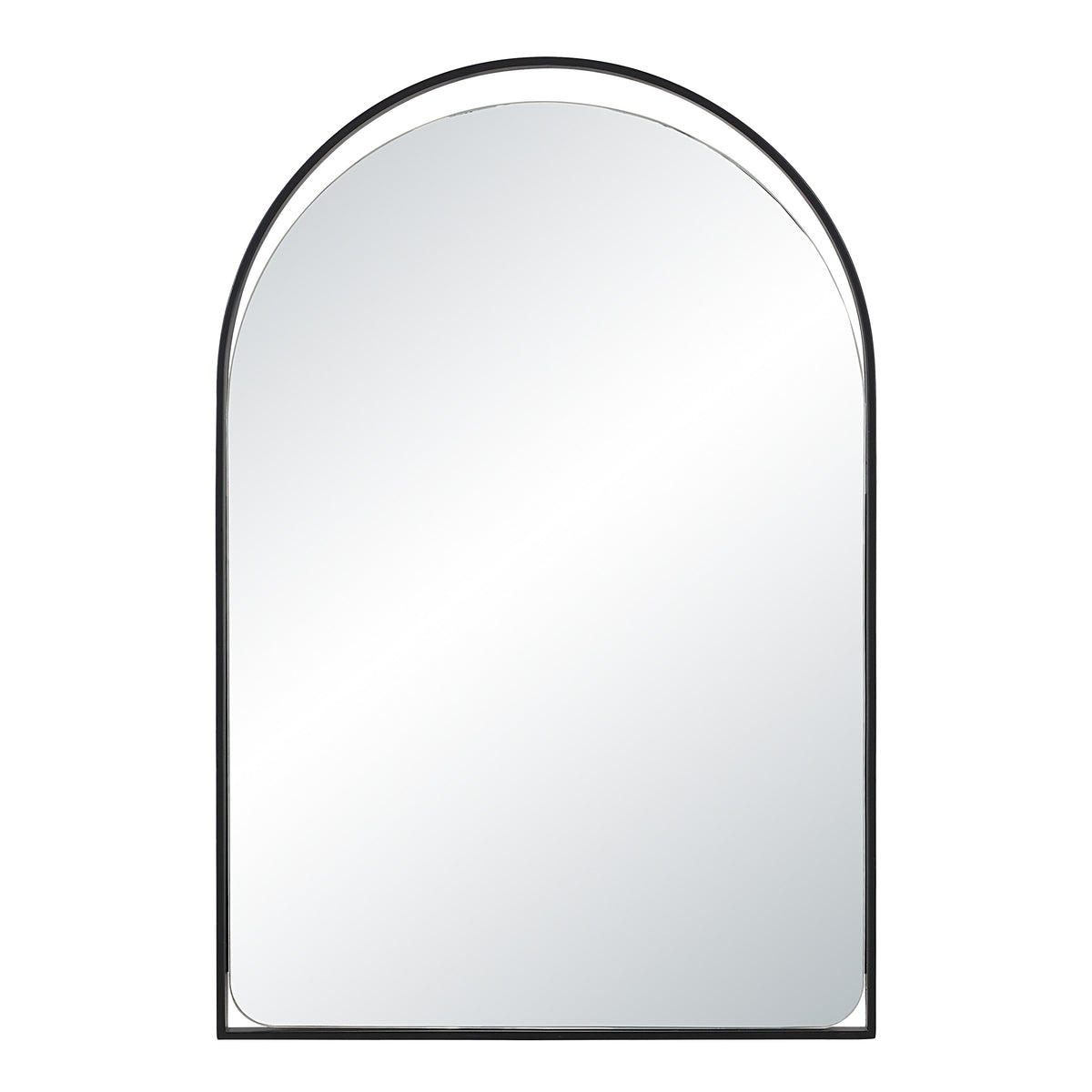 Maniola mirror with an arched top and black frame, reflecting light.