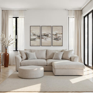 Living room scene featuring Lux canvas art above a beige sectional sofa