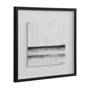 Tangelo wall art displaying a textured black and white abstract design, side view with black frame