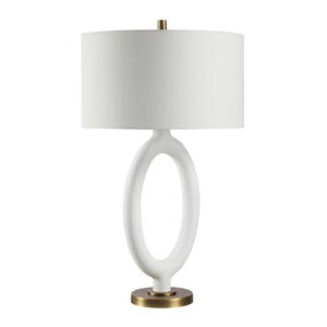 Aeris Table Lamp by Renwil showcasing a white ceramic base with an oval design and a textured white shade.