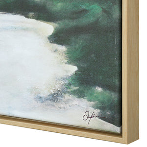 Nature canvas art featuring a close-up of a river with green hues and a light wooden frame.