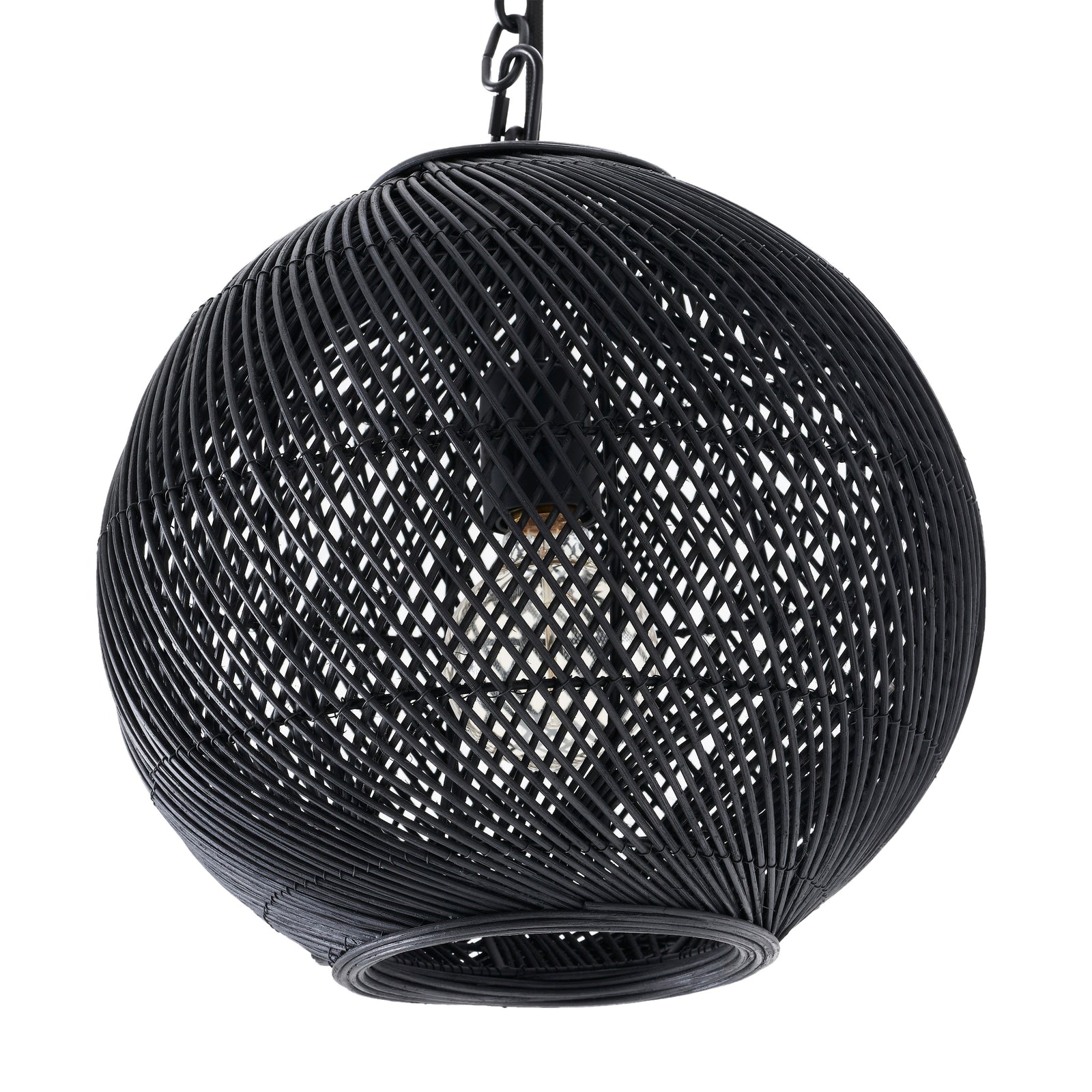 Romika ceiling light fixture in black, round woven design with a chain hanging.