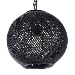 Romika black ceiling light fixture, spherical woven design showcasing the light bulb.