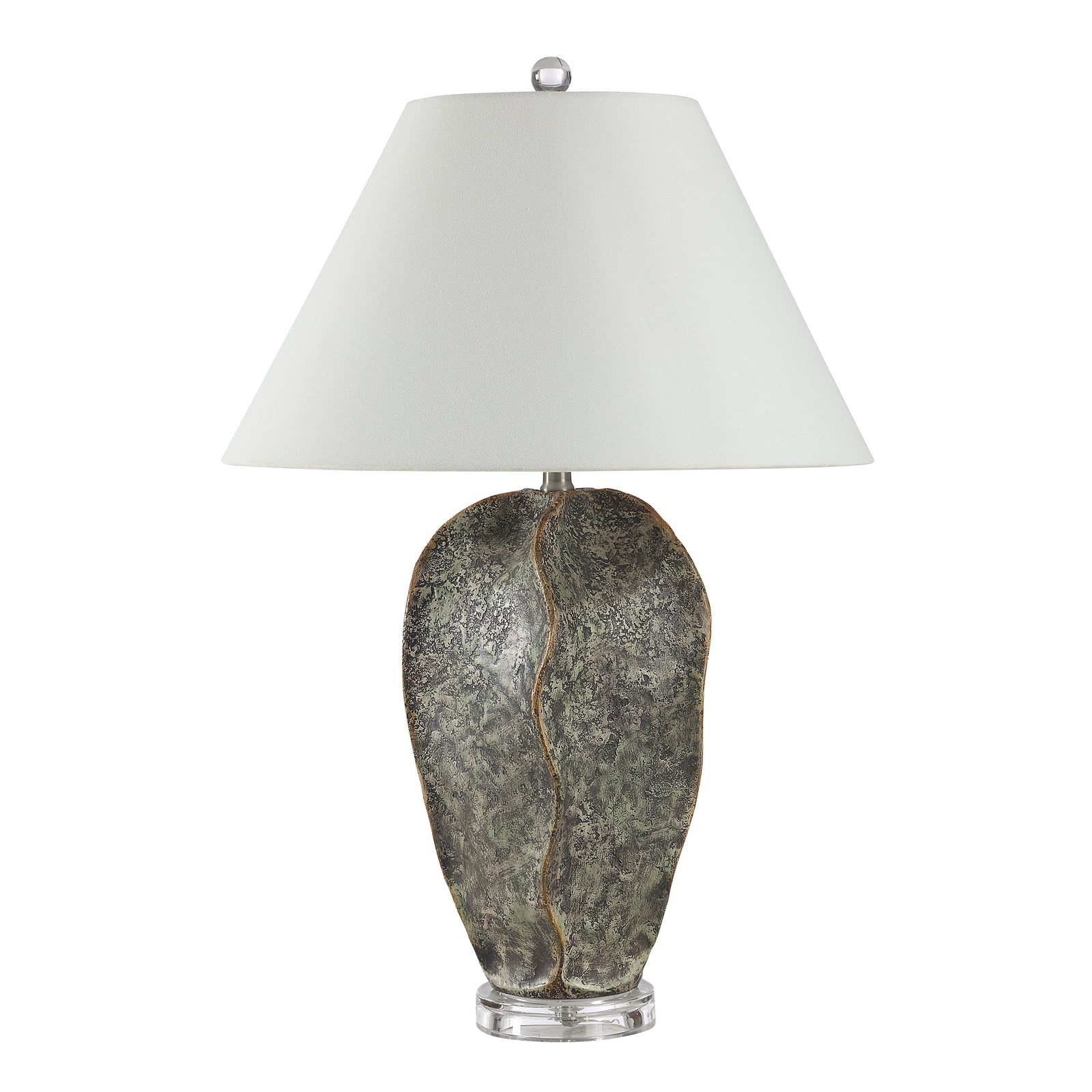 Poppi table lamp with a textured green ceramic base and white fabric shade