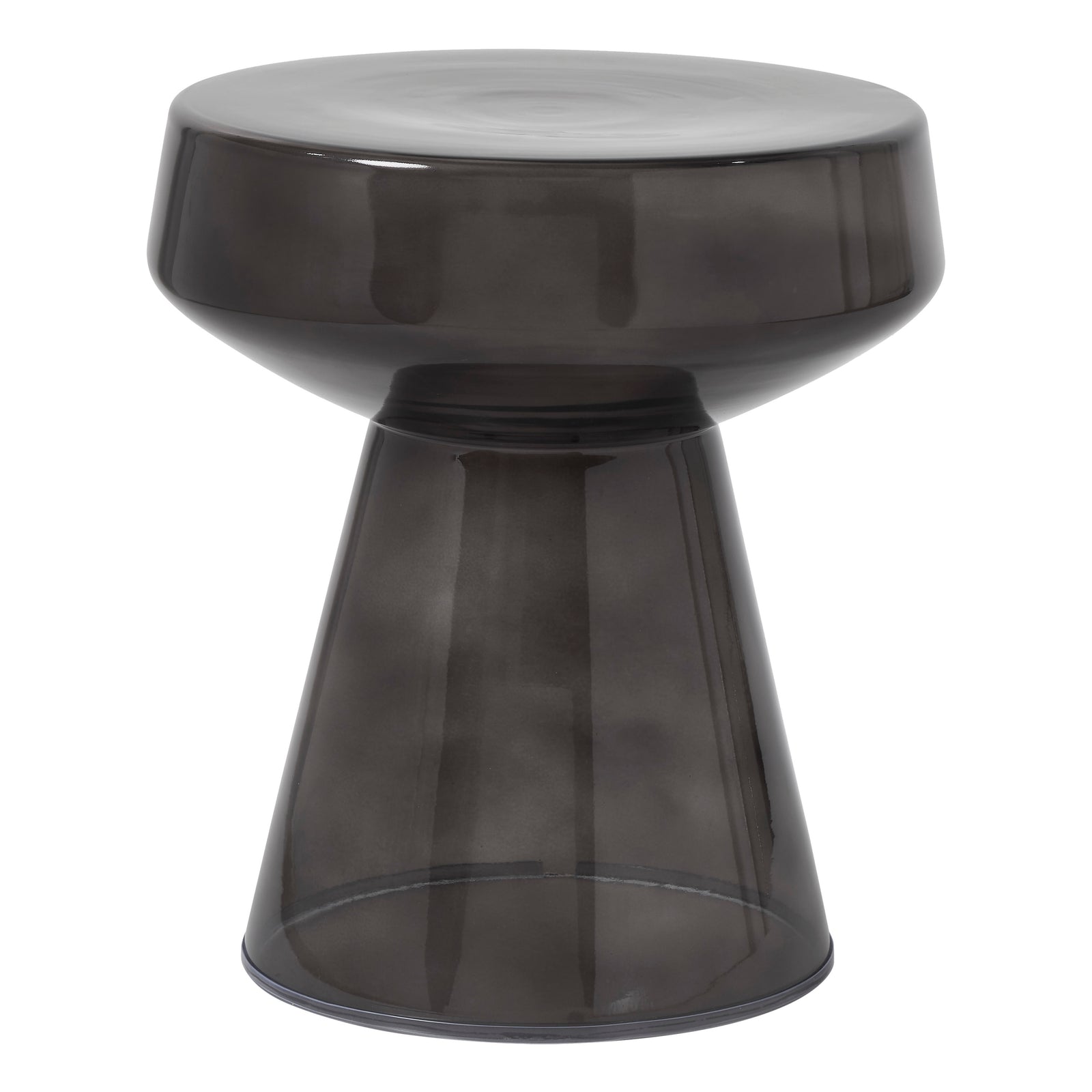 Lavinia table in dark smoke color with a rounded top and tapered base