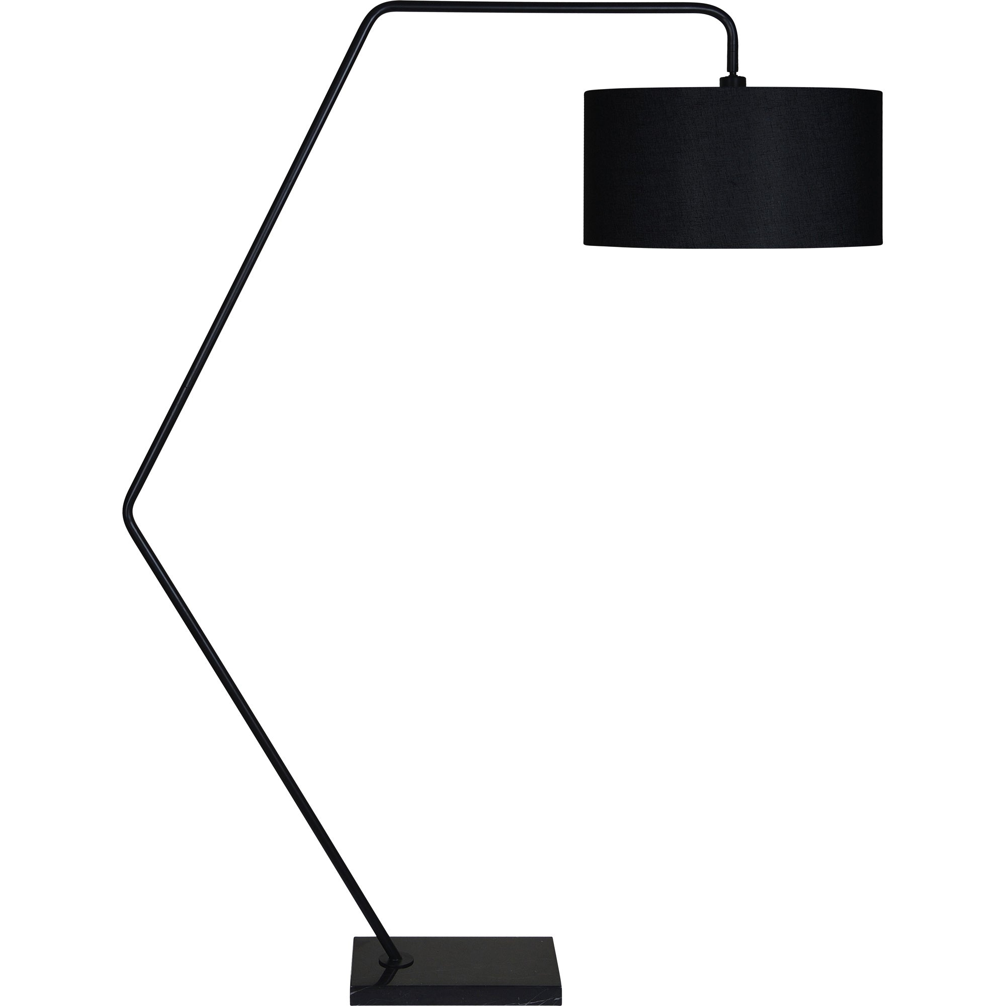 Penelin Floor Lamp with a black fabric shade and elegant black metal frame, front view.