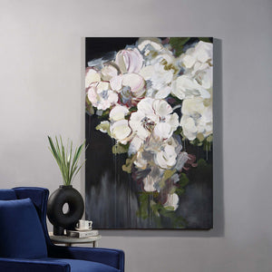 Gables canvas art displayed in a modern living room, featuring white flowers and a dark background.