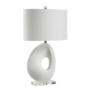 Opalis Table Lamp featuring a frosted base and a white drum shade.