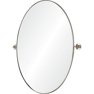 Azalea Wall Mirror featuring an oval shape and silver accents, angled view
