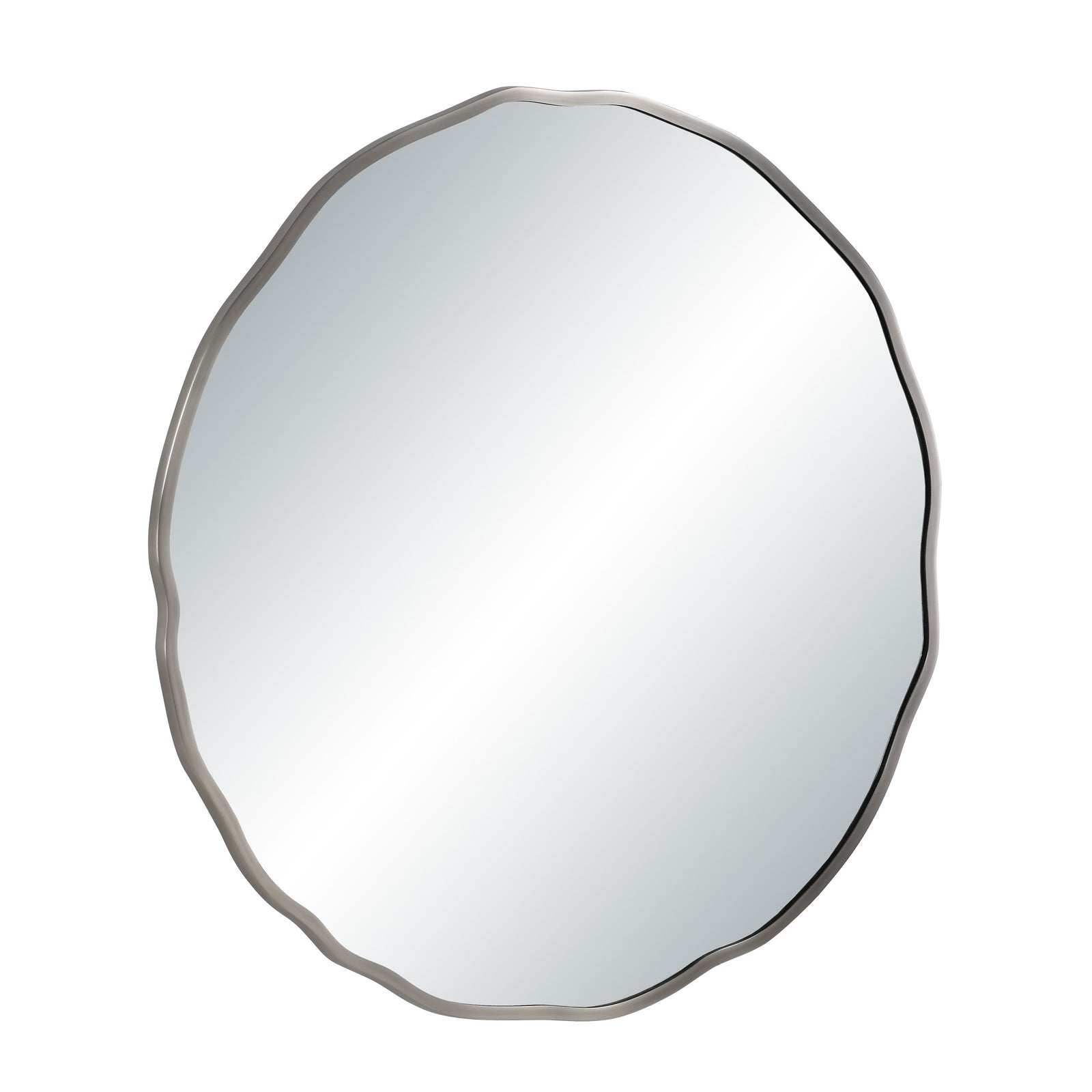 Cerro mirror by Renwil, round shape with a wavy silver frame, reflecting light.