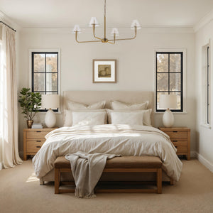 Vetro canvas art displayed in a modern bedroom with neutral tones and natural light