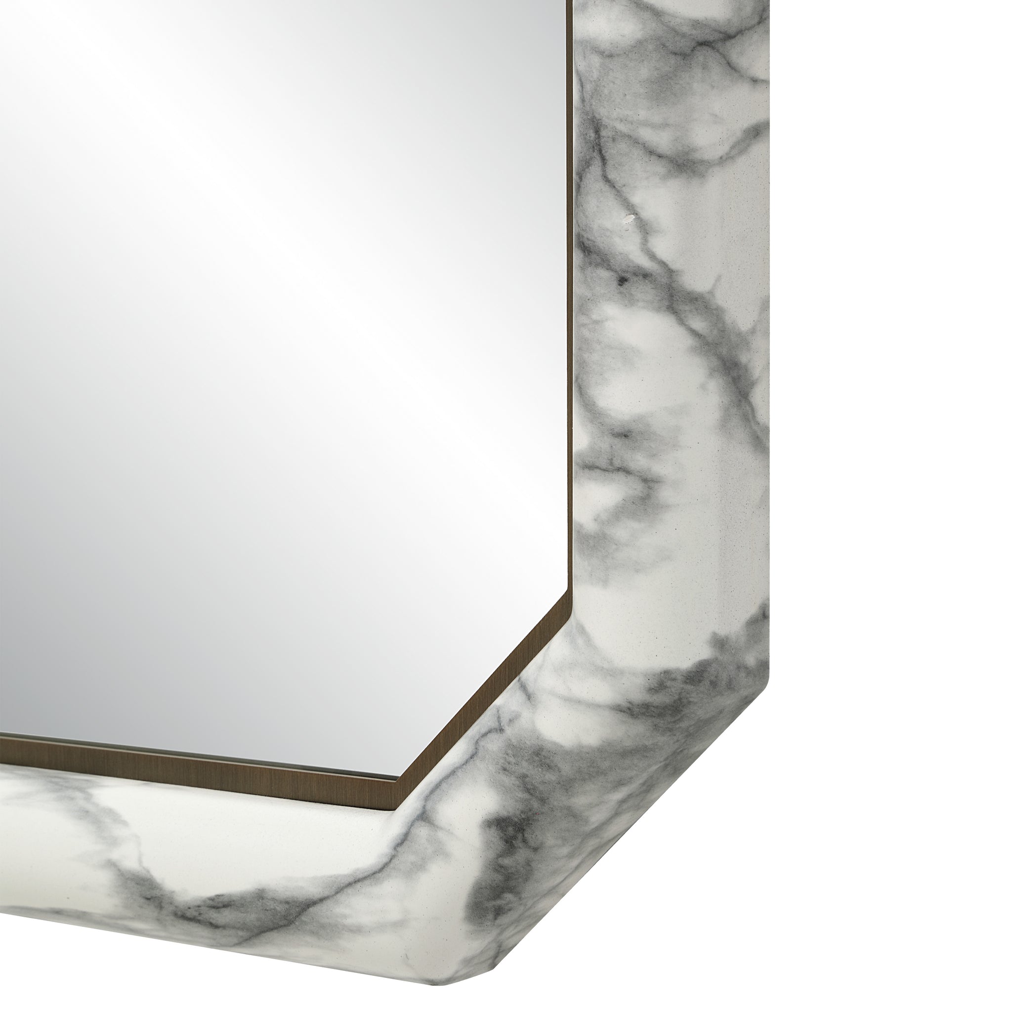 Close-up of Venus mirror showcasing the marble-patterned frame and reflective surface