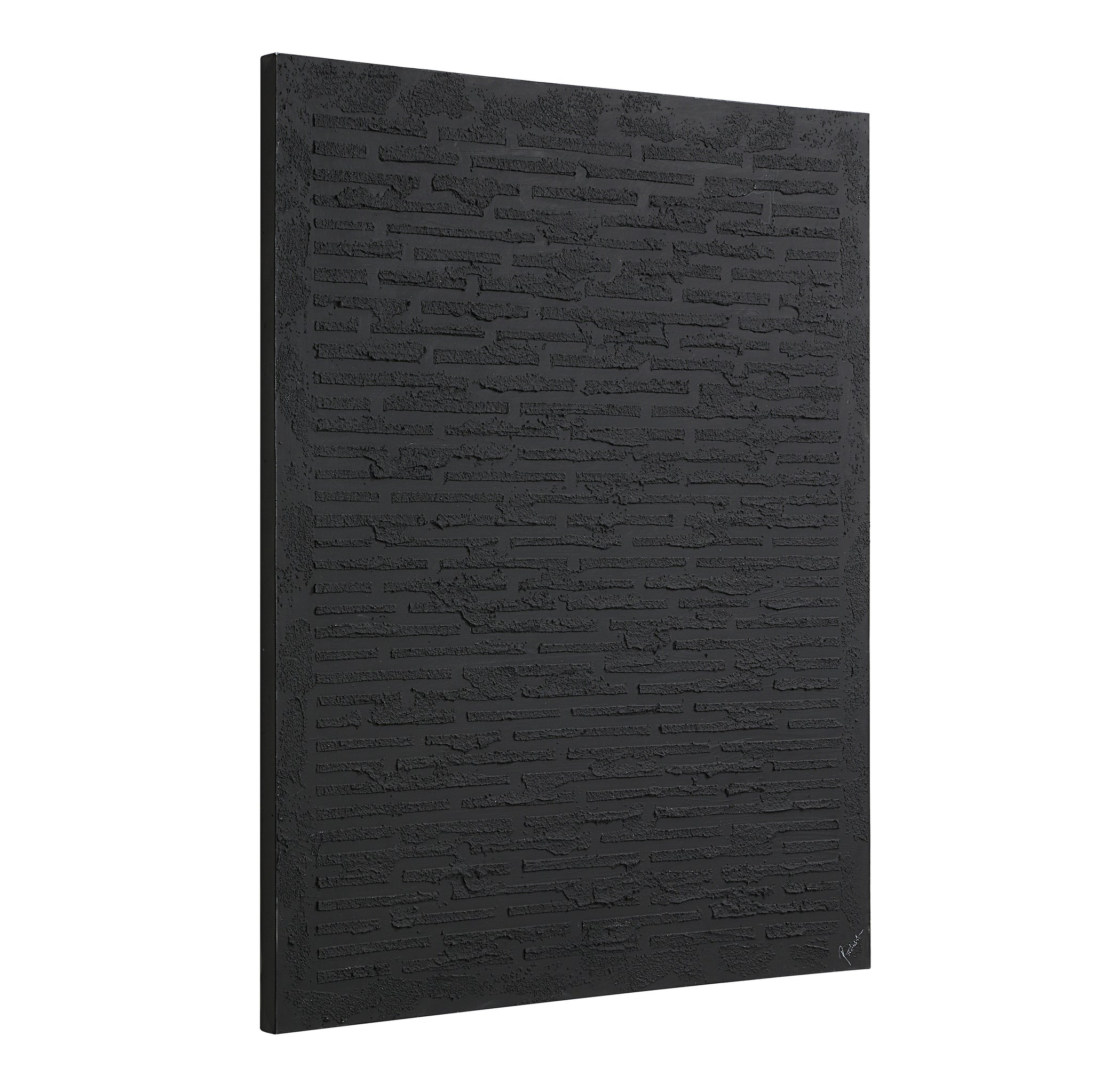 Kinetic canvas art by Renwil shown from a side angle, highlighting its textured black design.