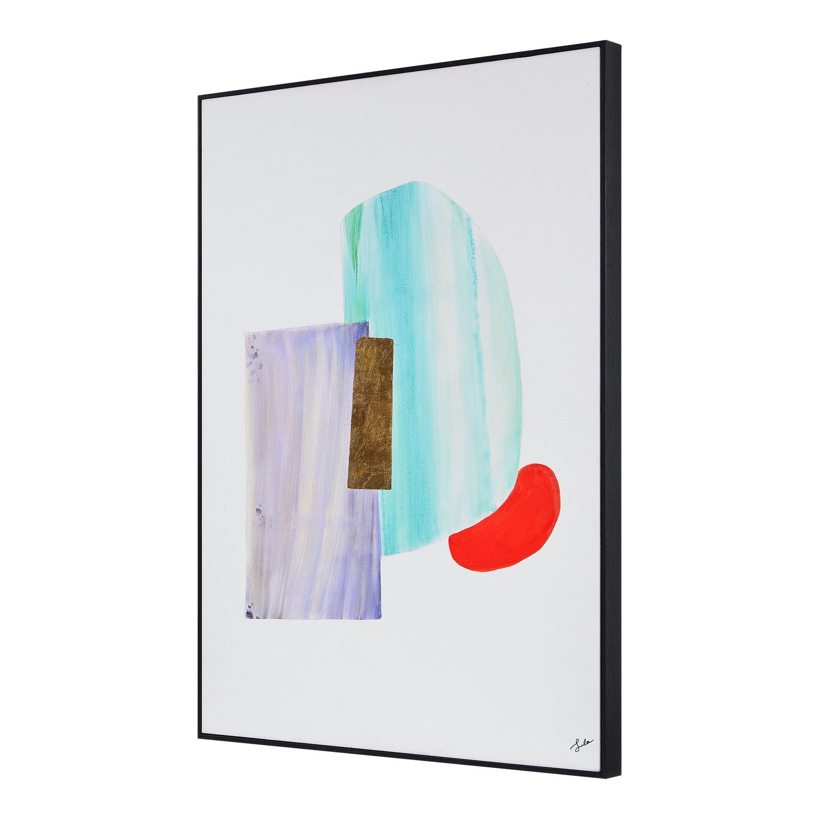 Esmerelda canvas art featuring abstract shapes in teal, purple, gold, and red.