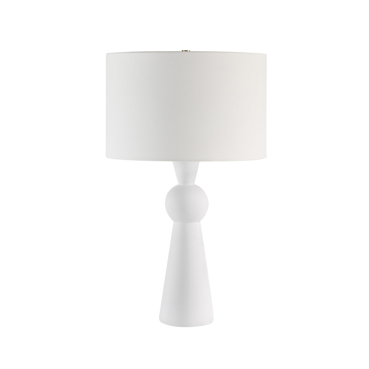 Petra table lamp with a white textured base and a white fabric shade, featuring a modern design.