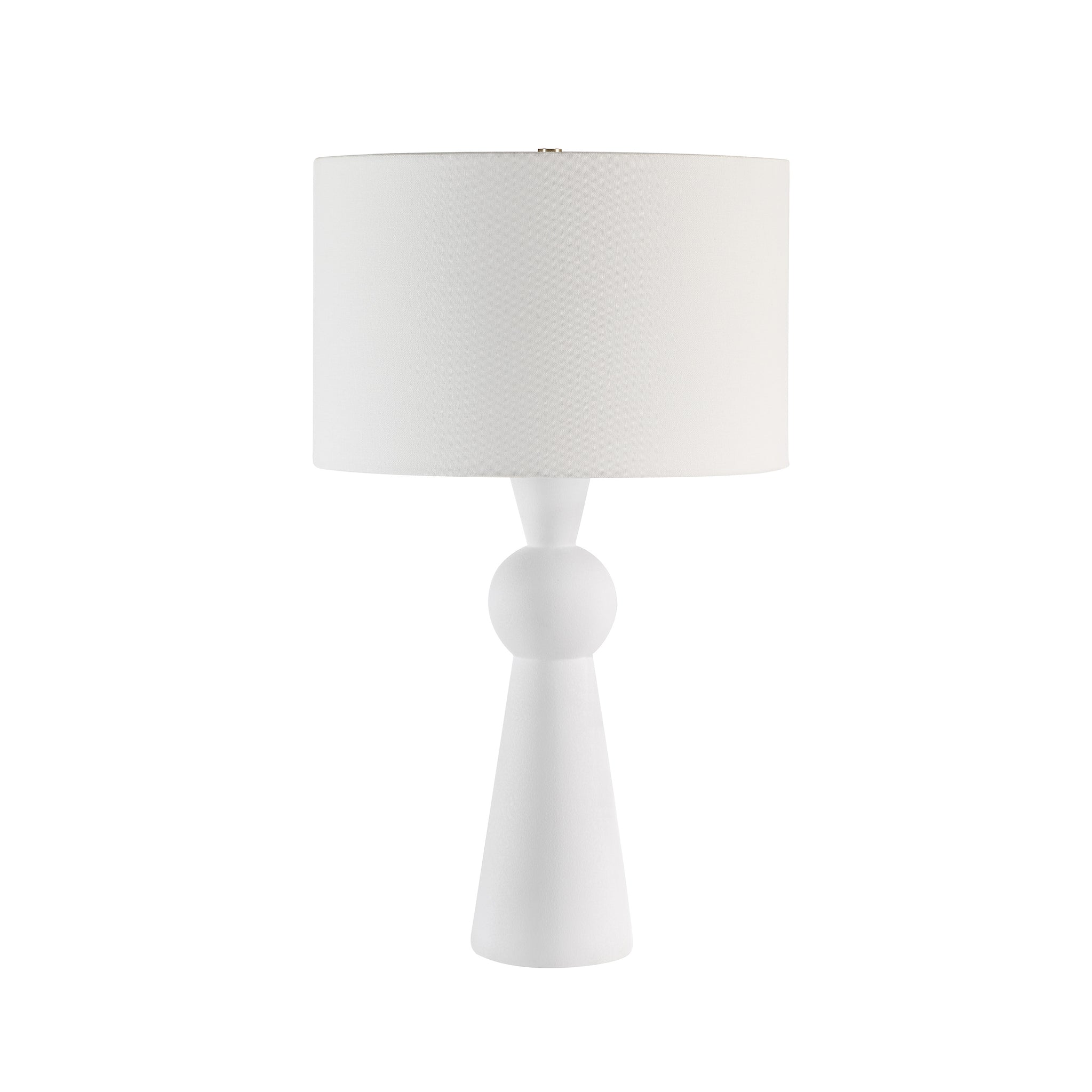 Petra table lamp with a white textured base and a white fabric shade, featuring a modern design.