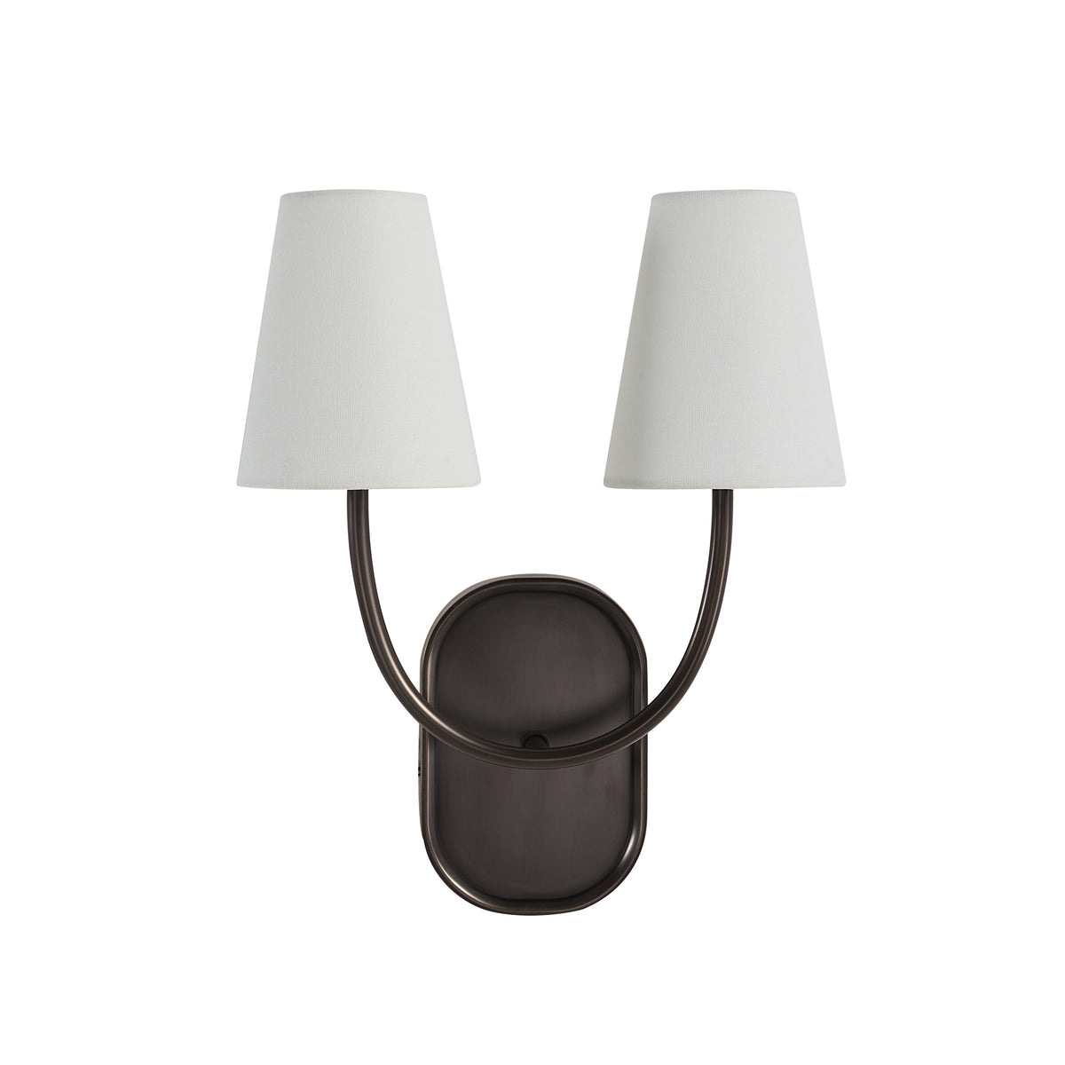 Megara wall sconce with two white fabric shades and a dark bronze base