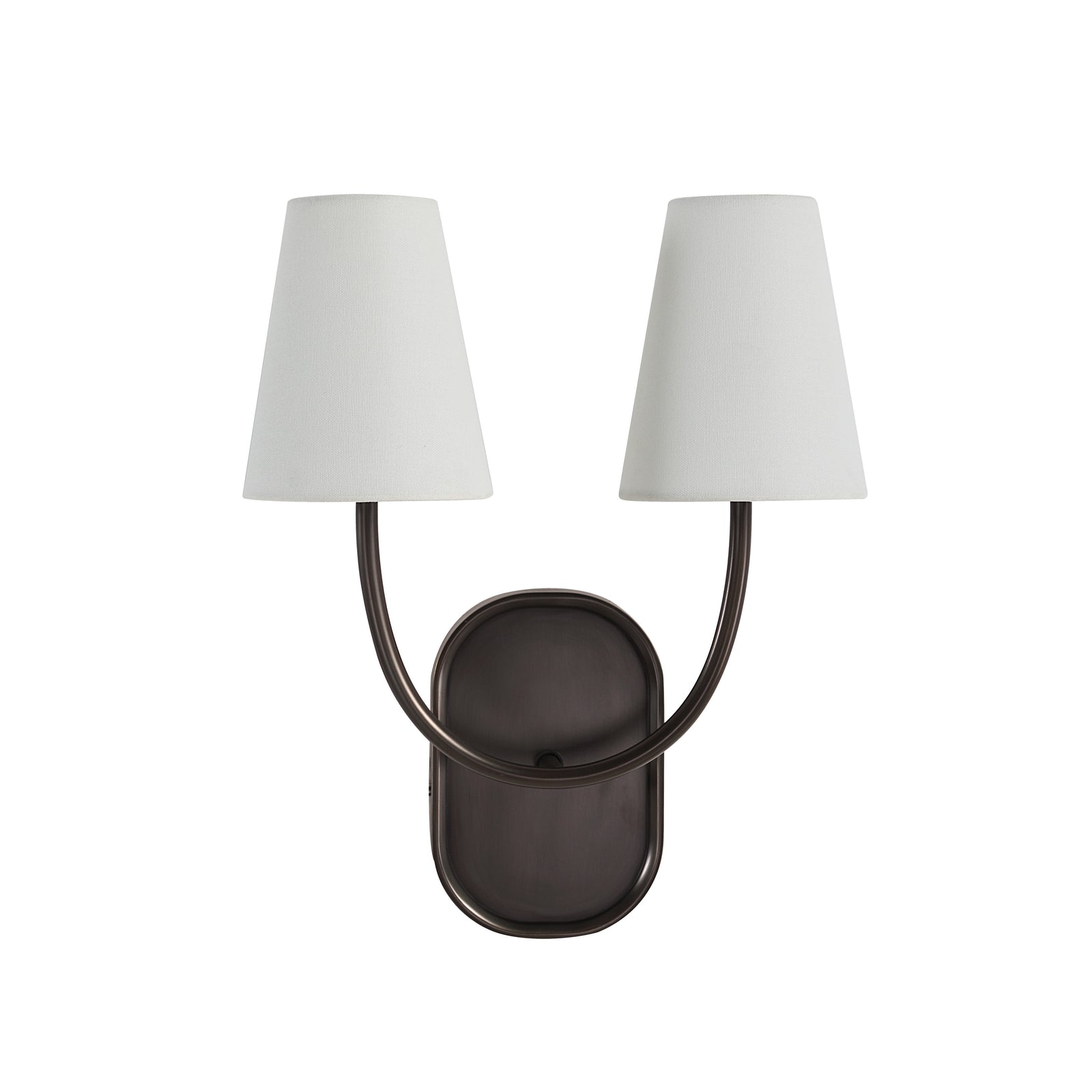 Megara wall sconce with two white fabric shades and a dark bronze base