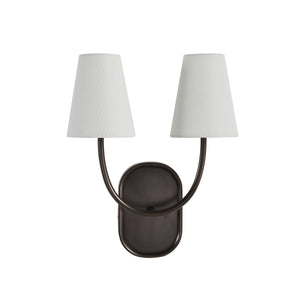 Megara wall sconce with two white fabric shades and a dark bronze base