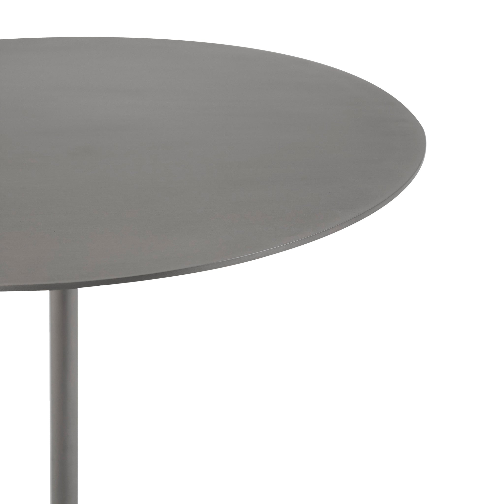 Aiden side table with a sleek round gray metal top and slender base.