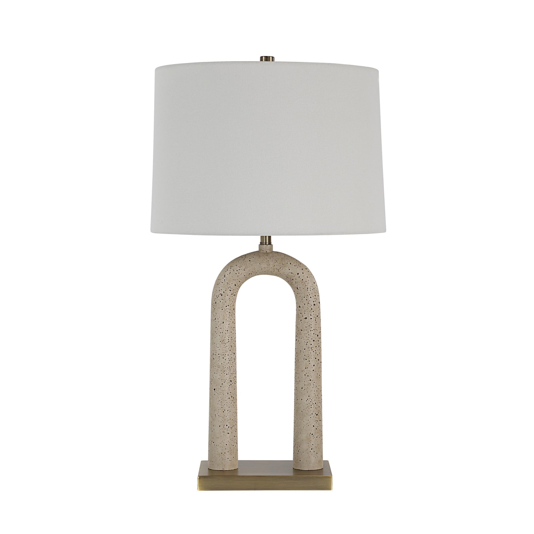 Primula table lamp featuring a beige base and white shade, side view
