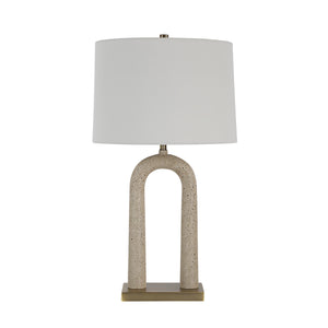 Primula table lamp featuring a beige base and white shade, side view