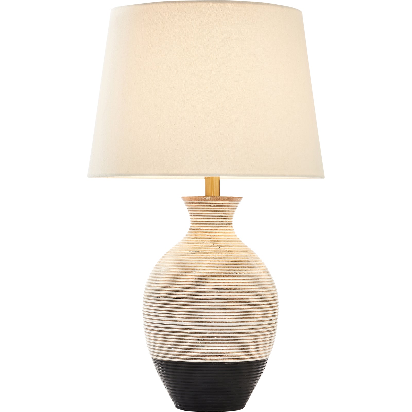 Ignacio Table Lamp with a striped ceramic base in beige and black, topped with a white fabric shade.