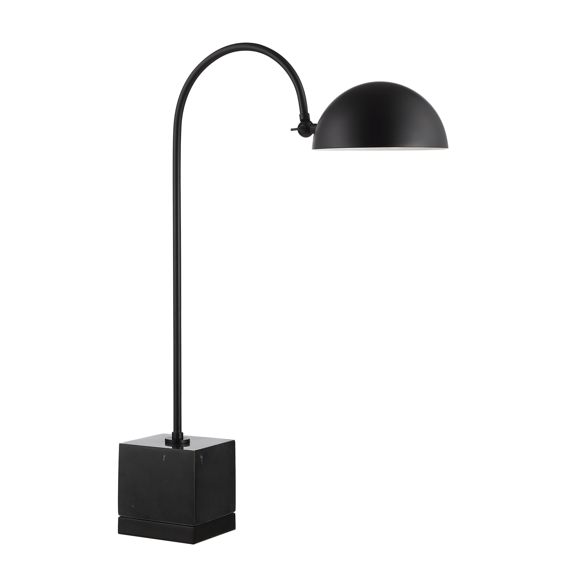 Sansia Table Lamp in black metal with a curved arm and dome shade, featuring a square base design.