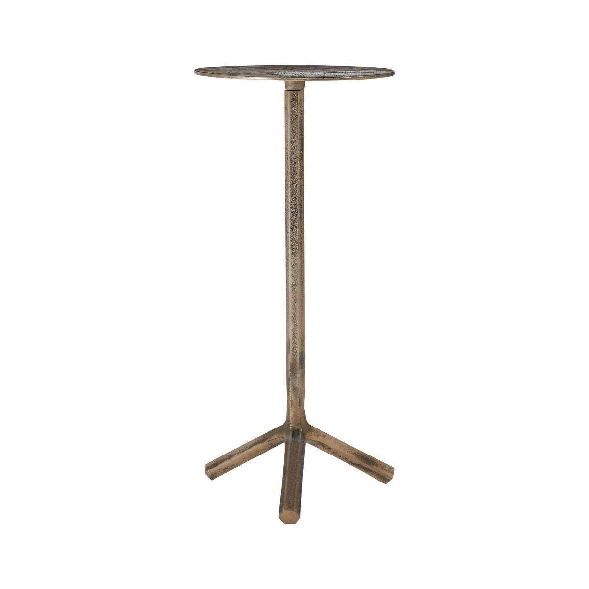 Zahra side table with a round top and three-legged base in a metallic finish