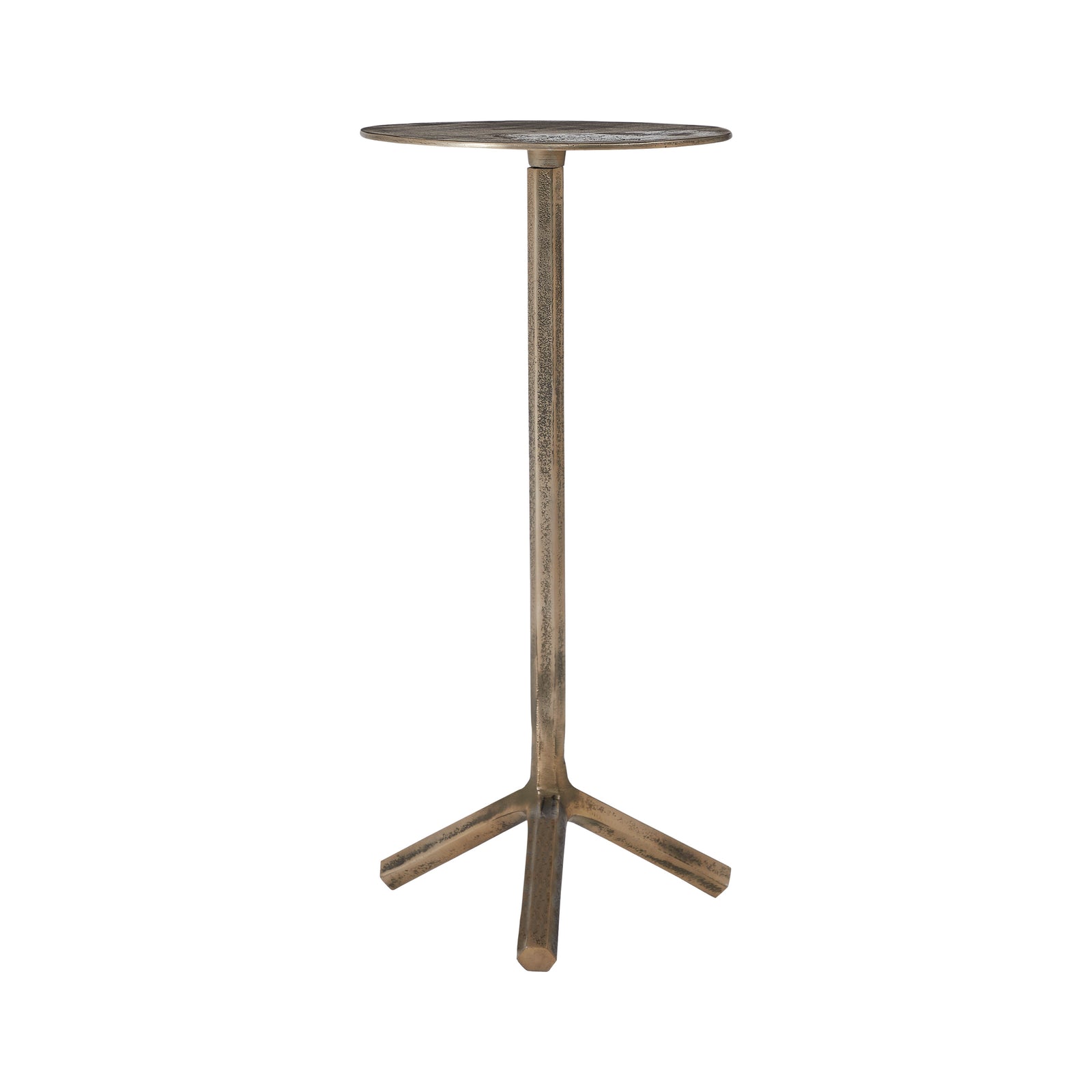 Zahra side table with a round top and three-legged base in a metallic finish