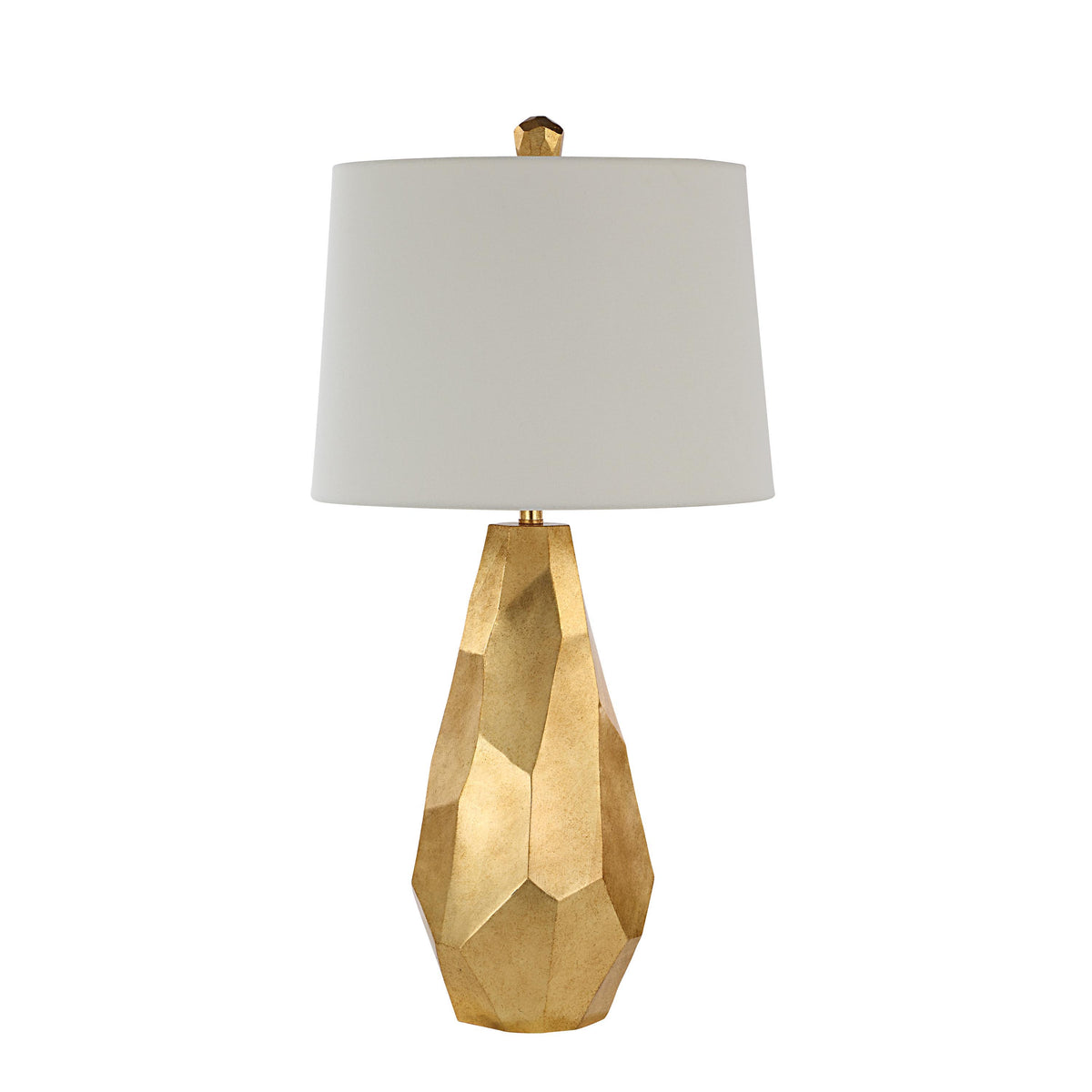 Sanae Table Lamp by Renwil with a gold geometric base and white shade, side view.
