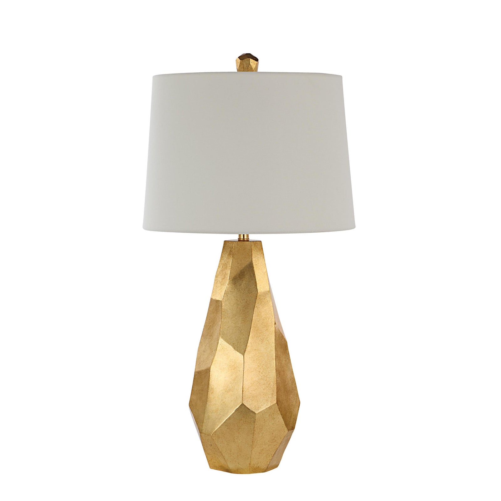 Sanae Table Lamp by Renwil with a gold geometric base and white shade, side view.