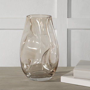 Tawny Glass Vase by Renwil, displayed on a table, wavy design, light tawny color, modern decor.