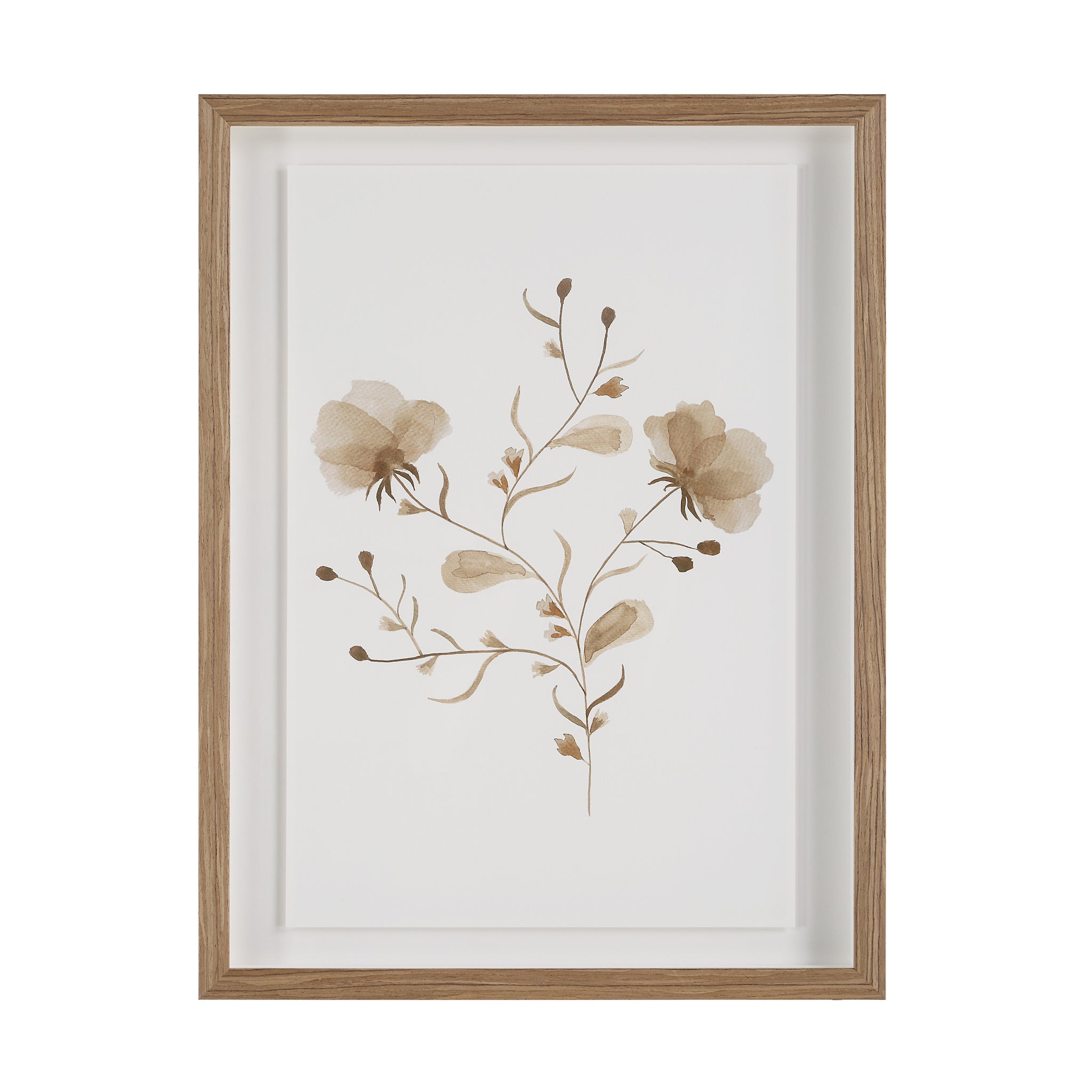 Madalena wall art featuring a floral design in soft browns, framed in light wood.