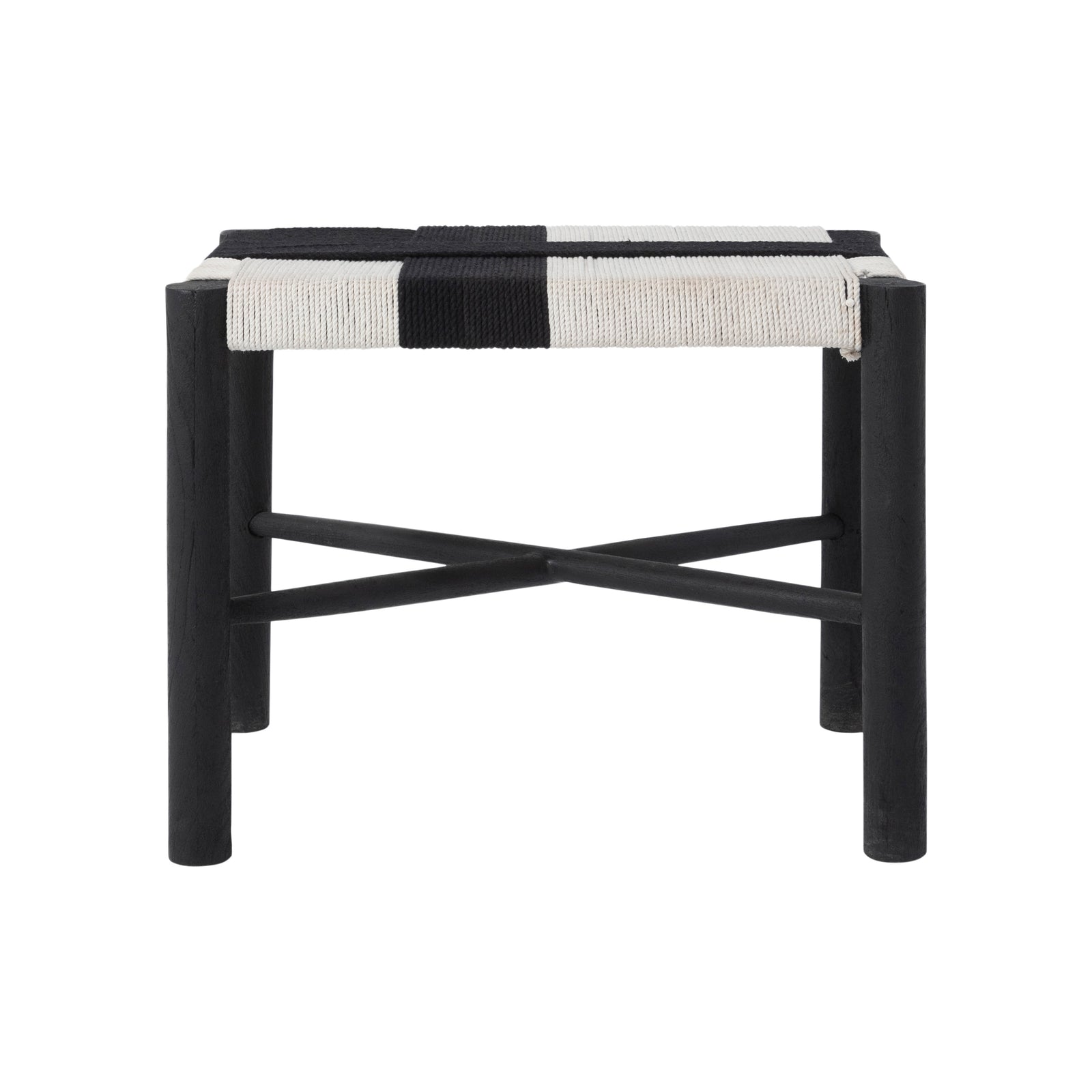 Plex stool by Renwil featuring a black and white woven seat with a black wooden frame.