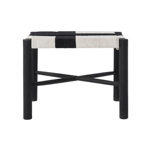 Plex stool by Renwil viewed from the front, showcasing a black and white woven seat and black legs.