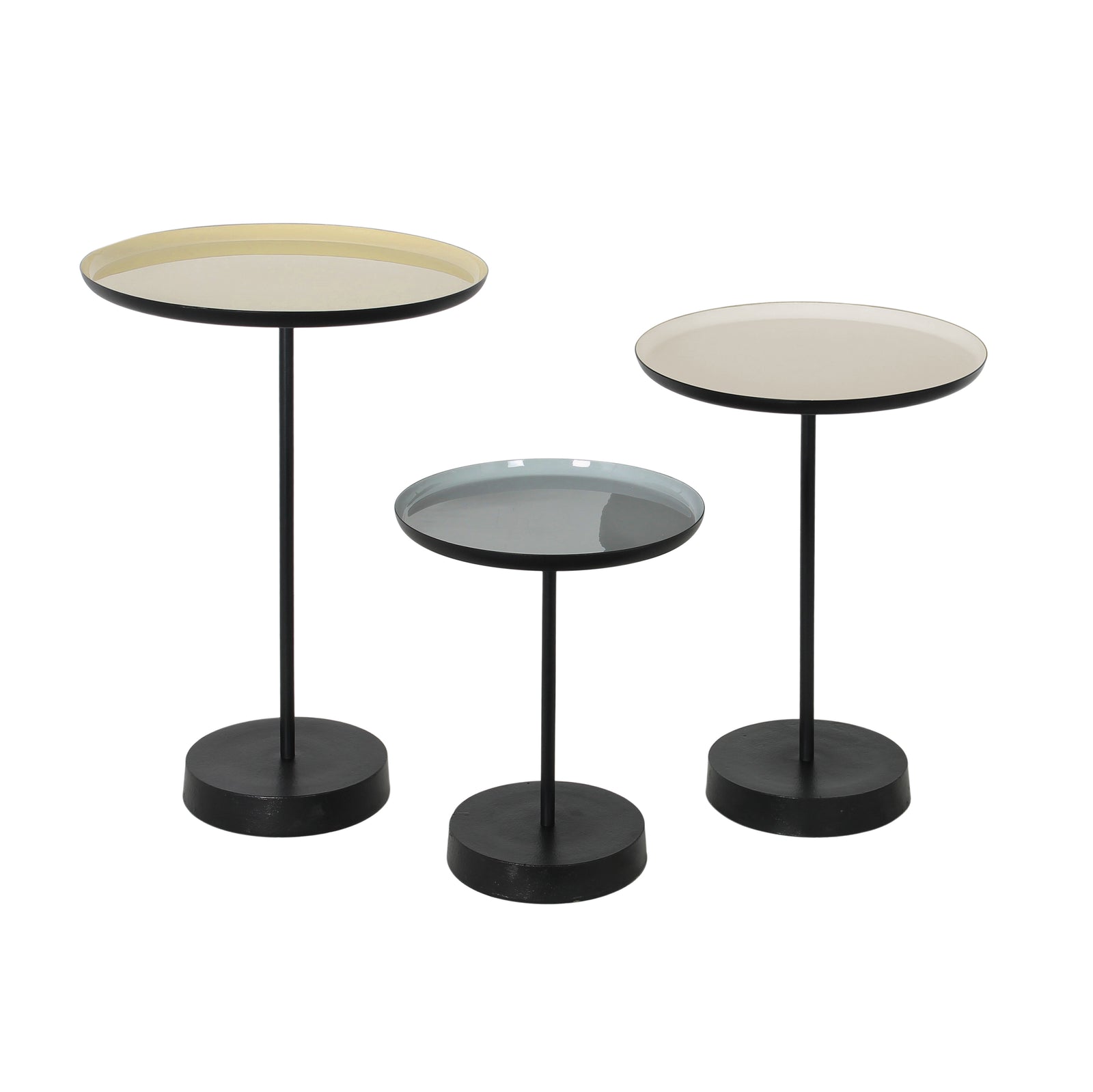 Stepping Indoor Iron Table set in white and black, featuring three varying heights and round tops.