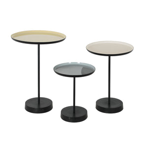 Stepping Indoor Iron Table set in white and black, featuring three varying heights and round tops.