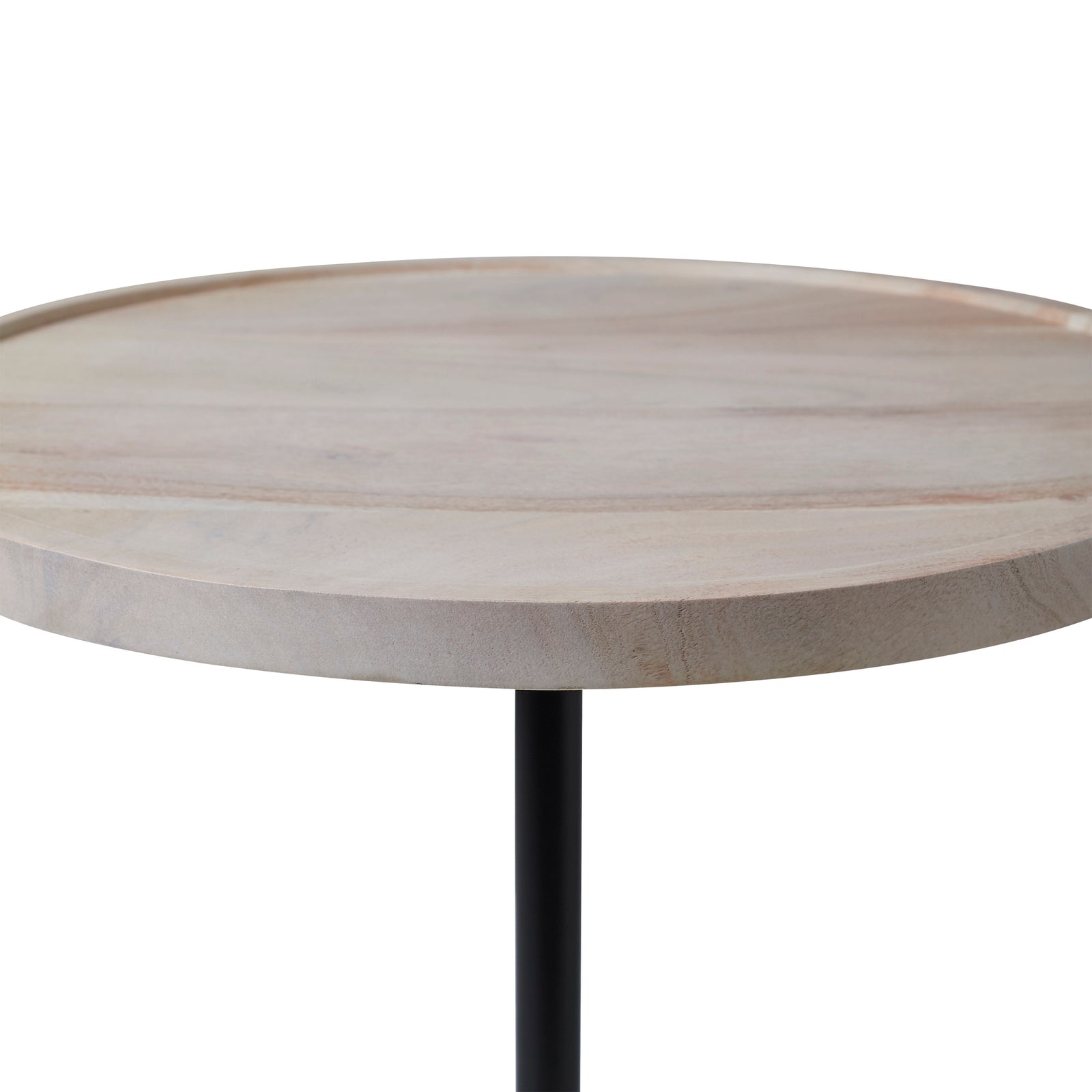 Antares Side Table with a round light wood top and black metal stem on a white marble base.