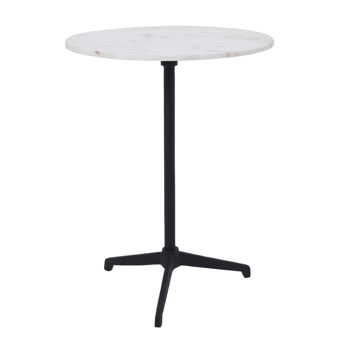 Barker Side Table with round white marble top and black metal base, showcasing a modern design.