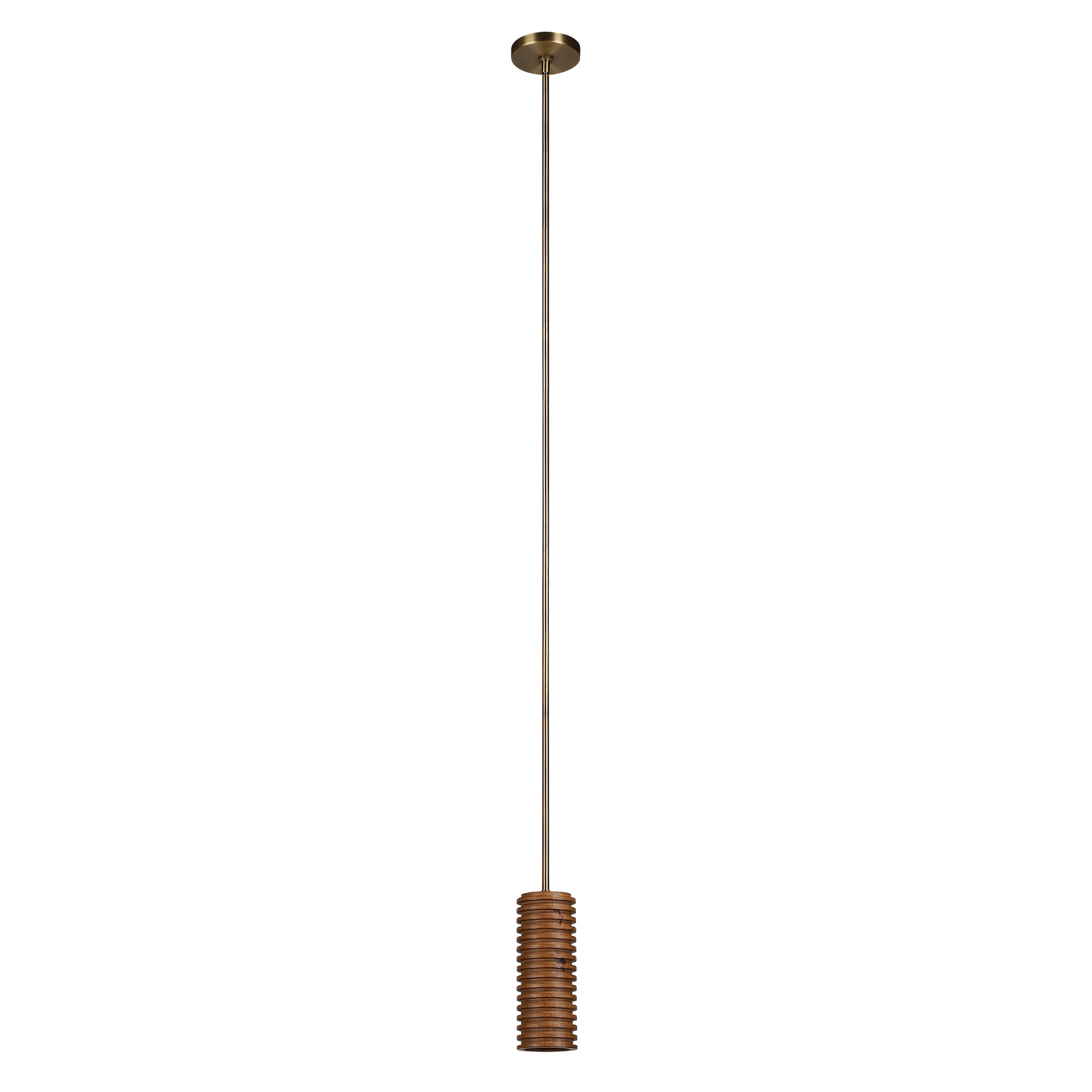 Rue pendant light with a ribbed brown shade and a sleek metal rod, hanging from a round ceiling mount.